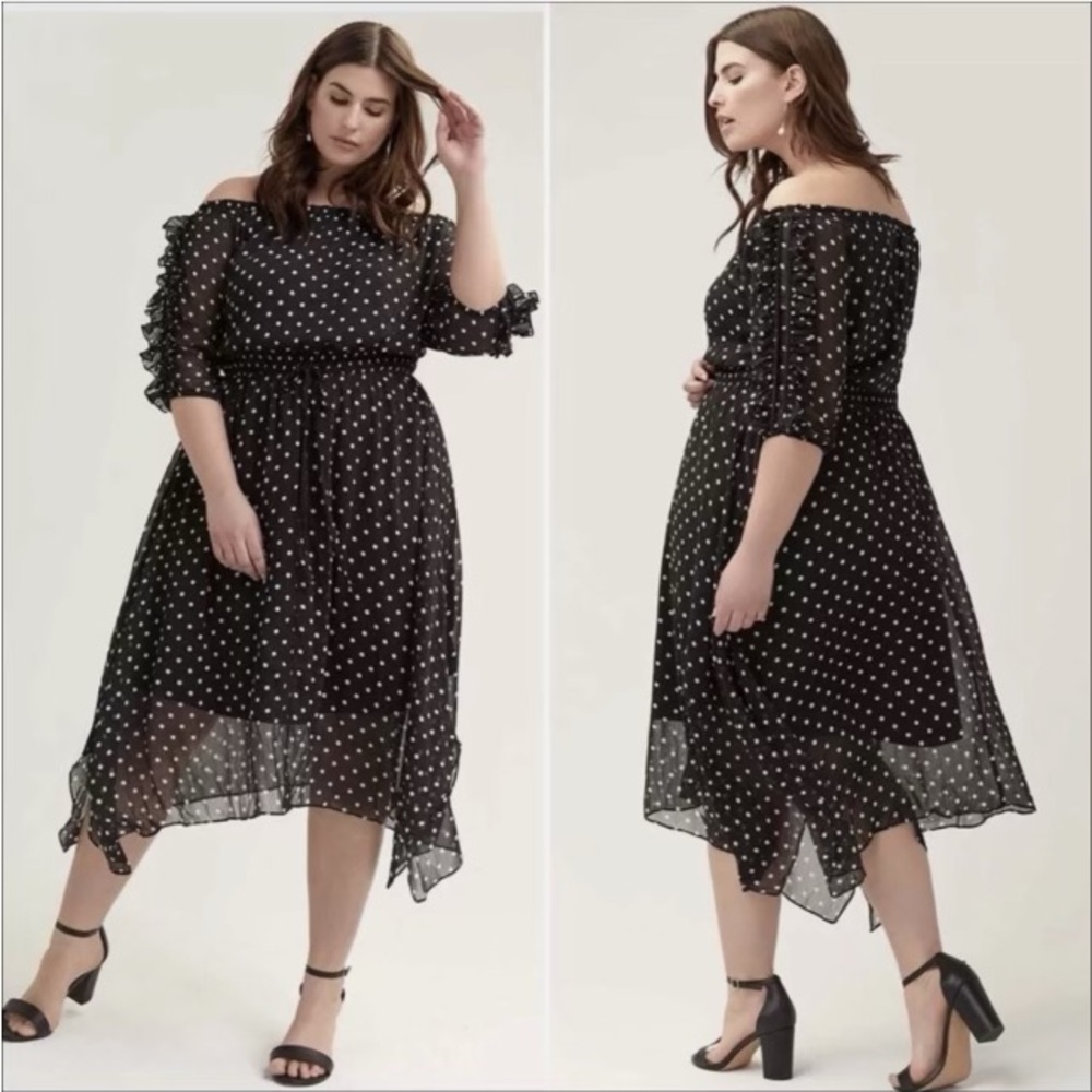 NWT City Chic Polka Dot Off Shoulder Ruffle Midi Chiffon Dress Size L / 20